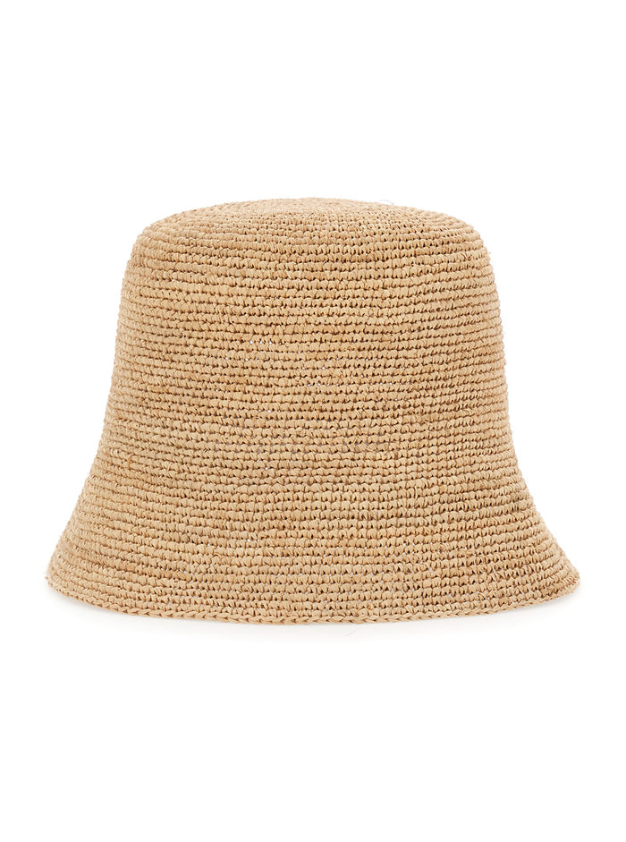 Andao Beige Hat with Braided Design and Low Narrow Brim in Raffia Woman Gloves