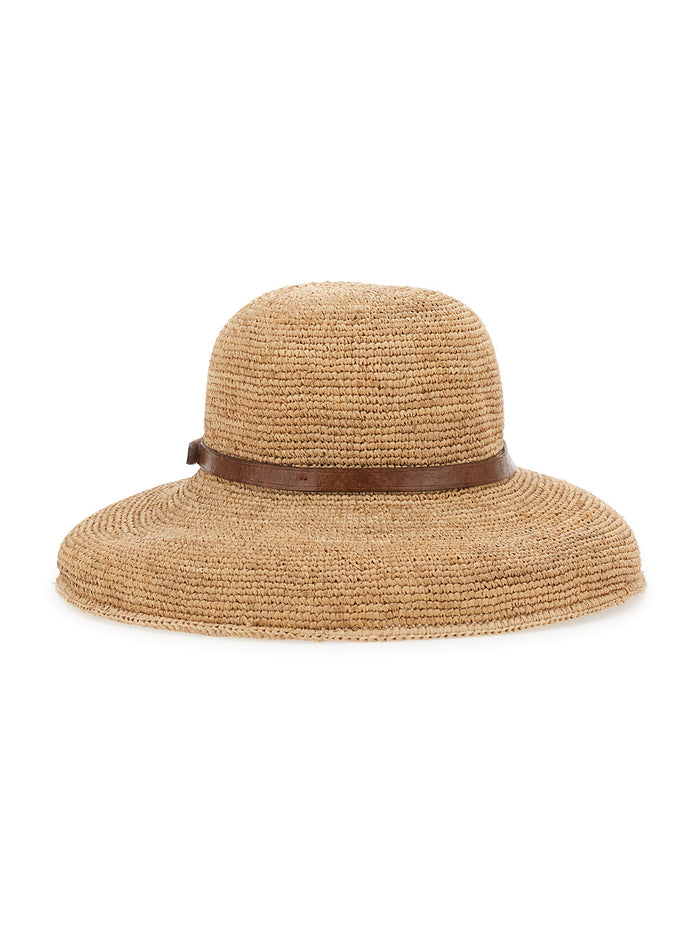 Hat Rova with Leather Band and Flat Crown in Beige Raffia for Women Gloves
