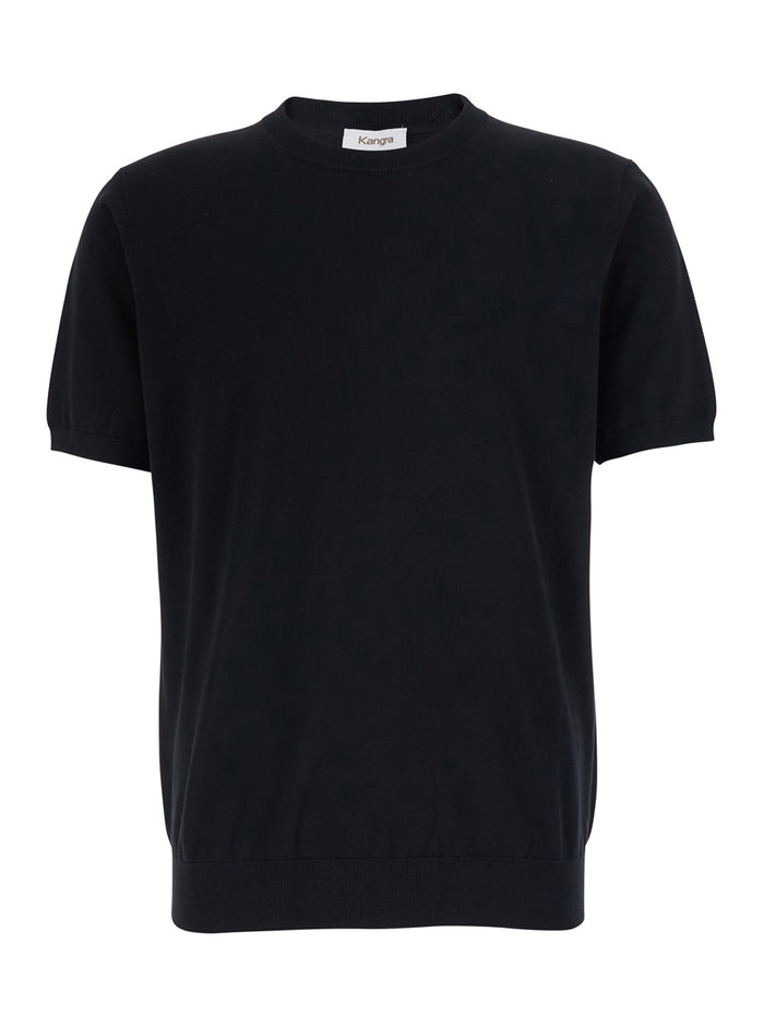 Black Crew Neck Sweater With Short Sleeves And Ribbed Finishes In Cotton For Men Jersey