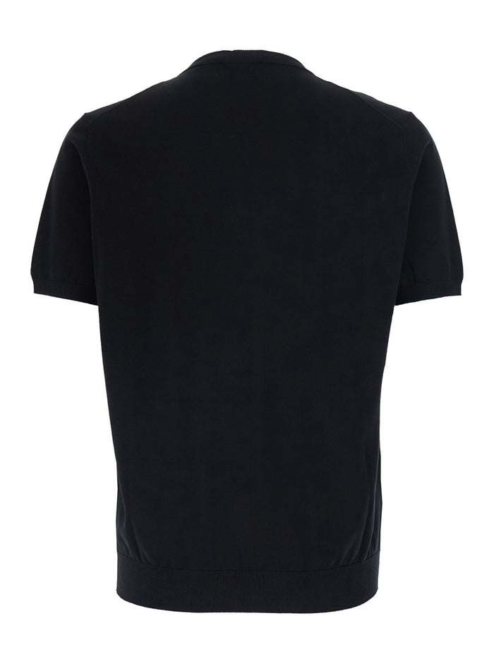Black Crew Neck Sweater With Short Sleeves And Ribbed Finishes In Cotton For Men Jersey