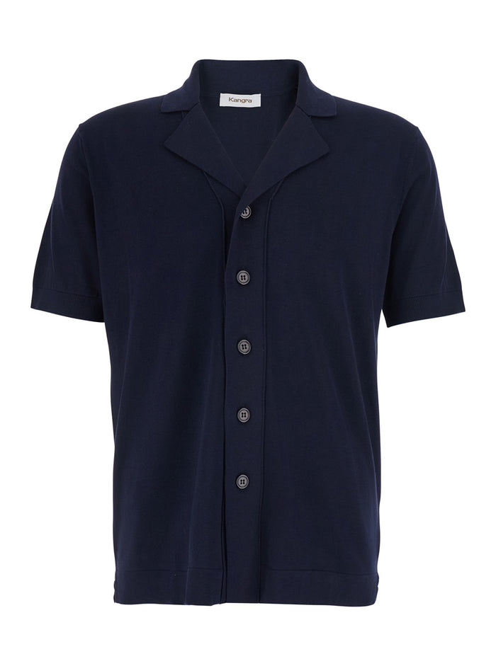 Blue Shirt With Notched Revers Collar And Short Sleeves In Cotton For Men Blu Blouses