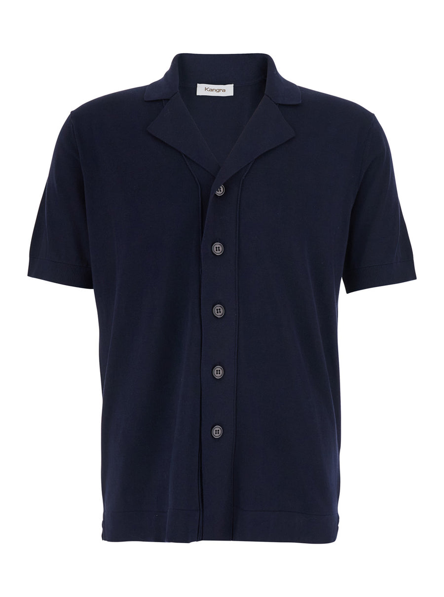 Mens Shirt Notched Collar Short Sleeve Blue Cotton