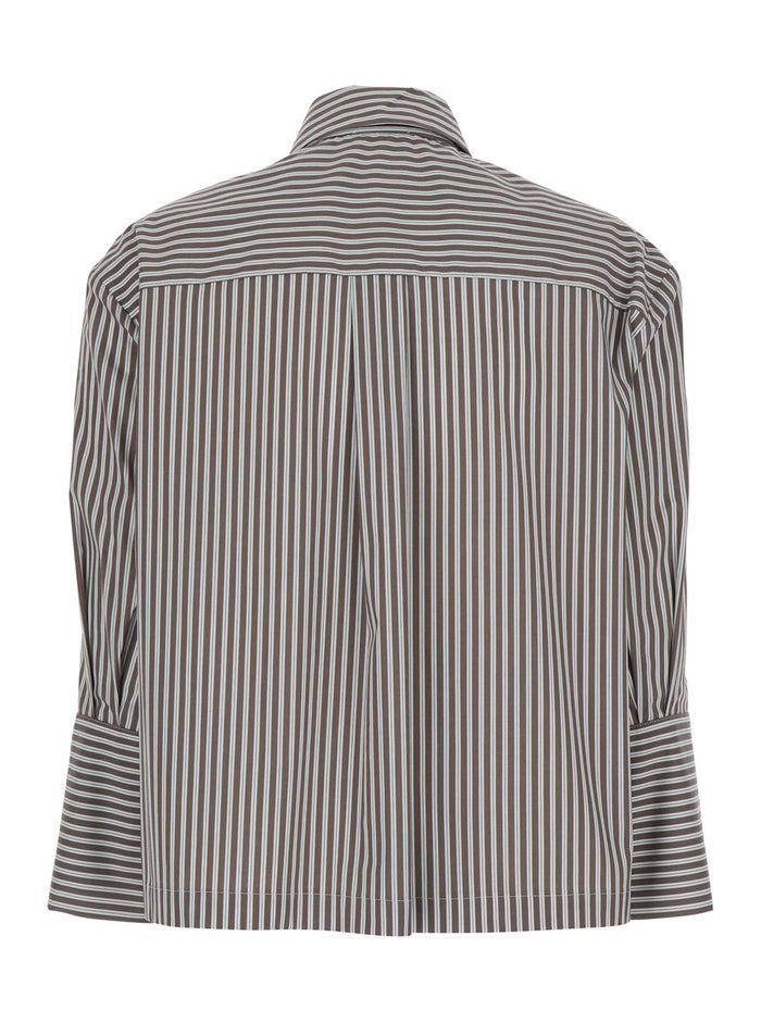 Shirt Striped Boxi With Stripes And Short Sleeves Tech Fabric Brown Women Blouses