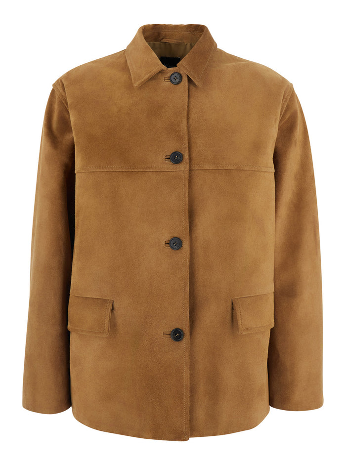 Brown Jacket With Classic Collar And Patch Pockets On The Front Suede For Women Blazers