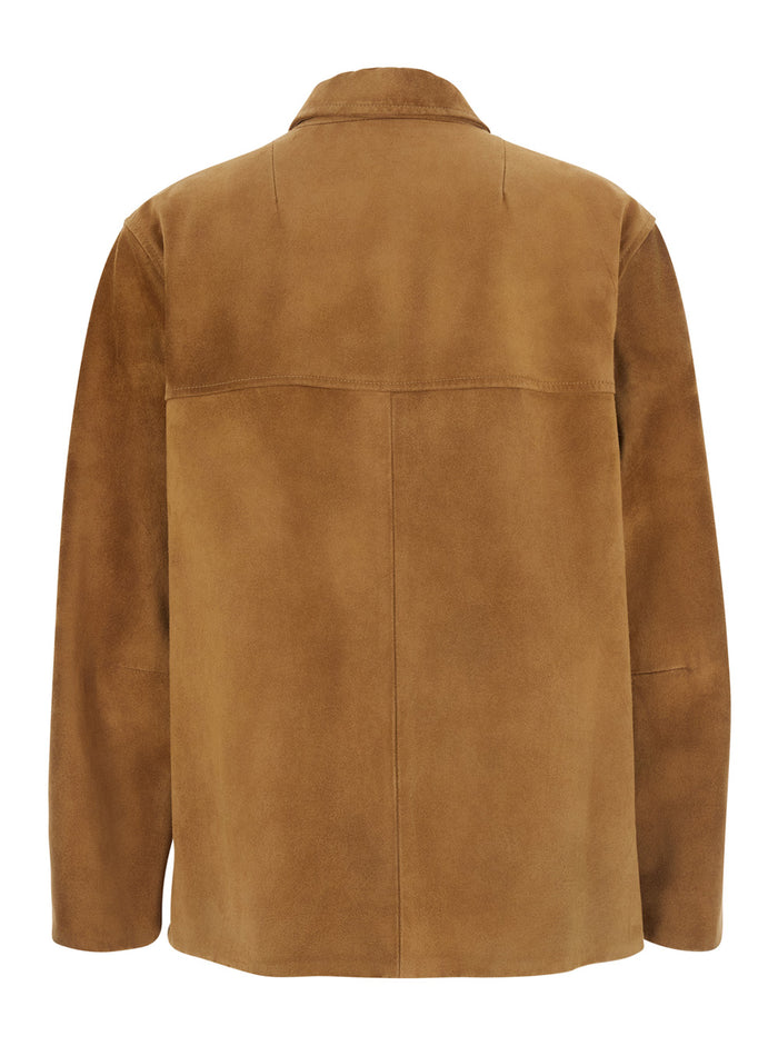 Brown Jacket With Classic Collar And Patch Pockets On The Front Suede For Women Blazers