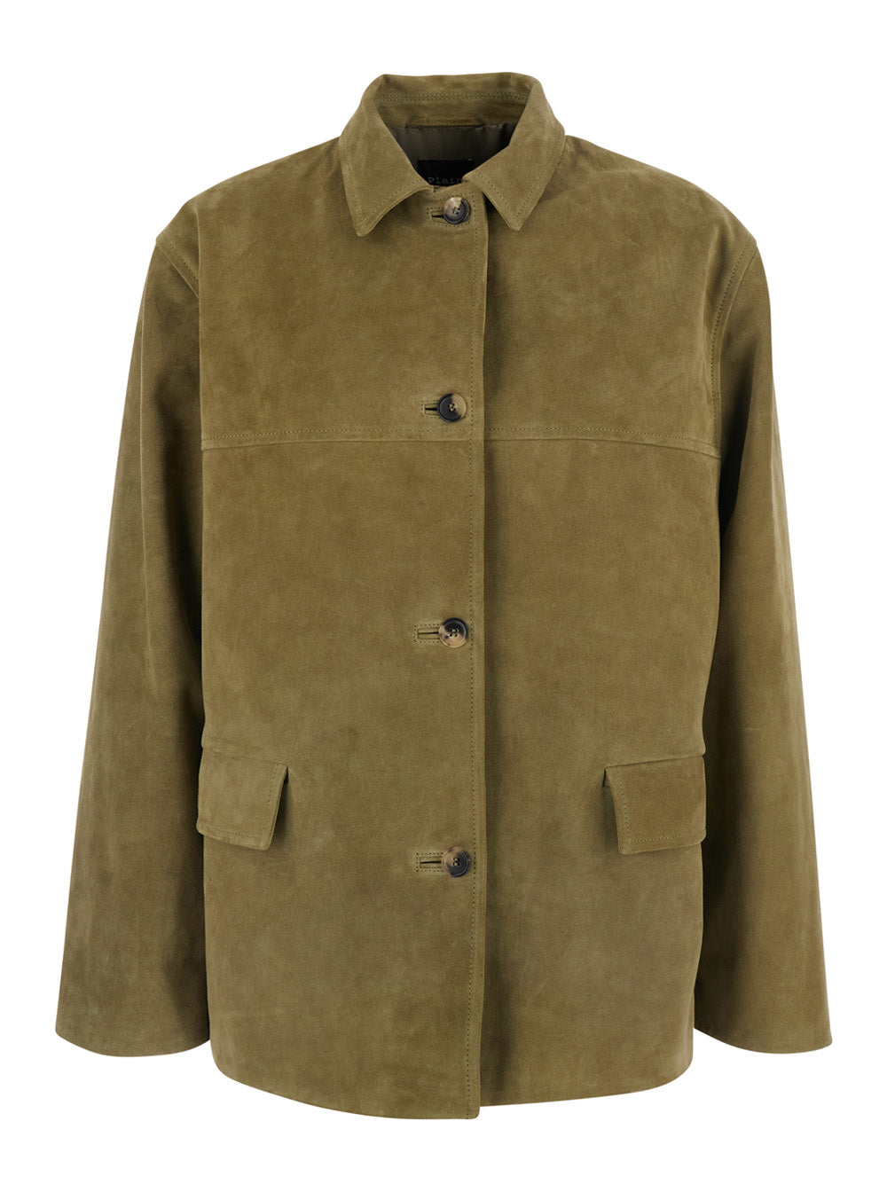 Green Jacket With Classic Collar And Patch Pockets On The Front Suede For Women Blazers