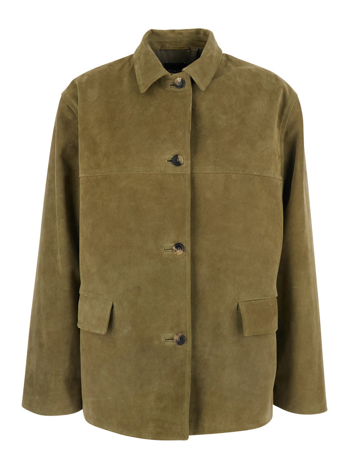 Green Jacket With Classic Collar And Patch Pockets On The Front Suede For Women Blazers