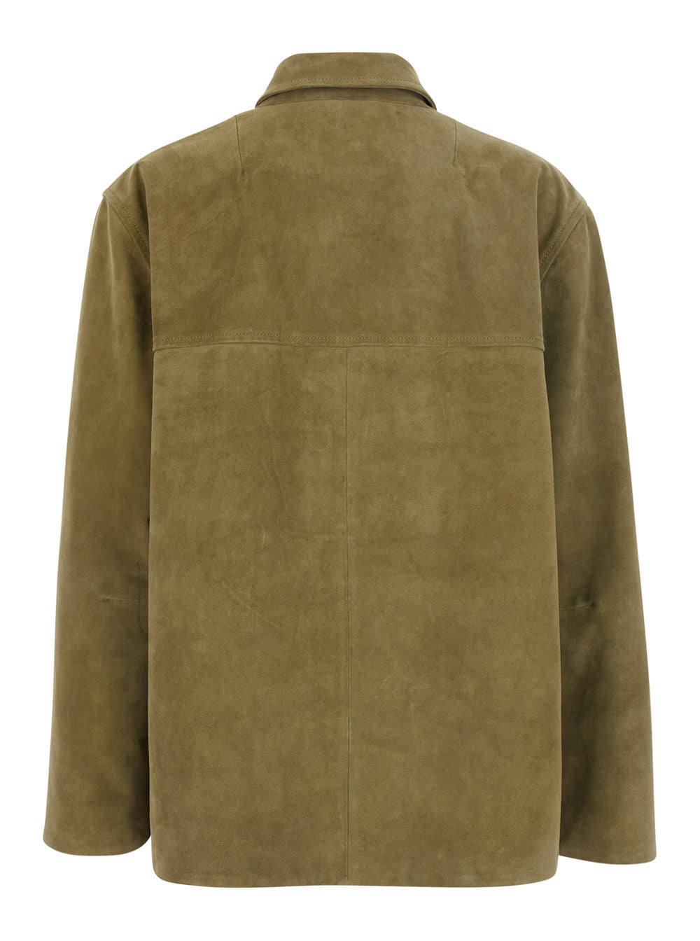 Green Jacket With Classic Collar And Patch Pockets On The Front Suede For Women Blazers