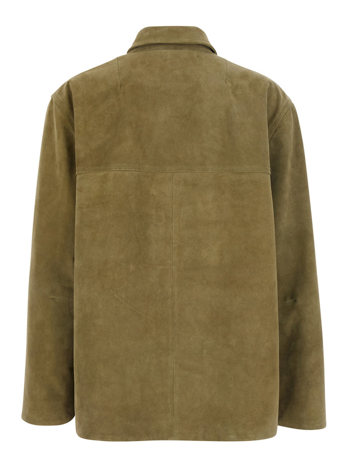 Green Jacket With Classic Collar And Patch Pockets On The Front Suede For Women Blazers