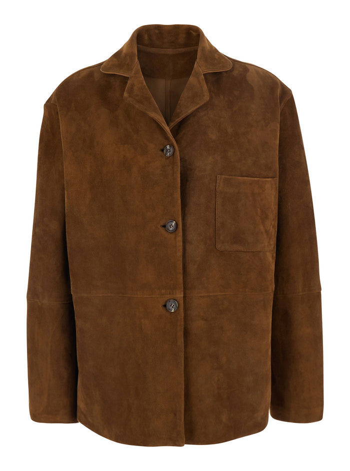 Brown Jacket With Notched Collar And Patch Pocket On The Front Suede For Women Blazers