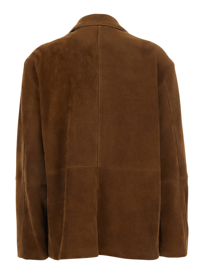 Brown Jacket With Notched Collar And Patch Pocket On The Front Suede For Women Blazers