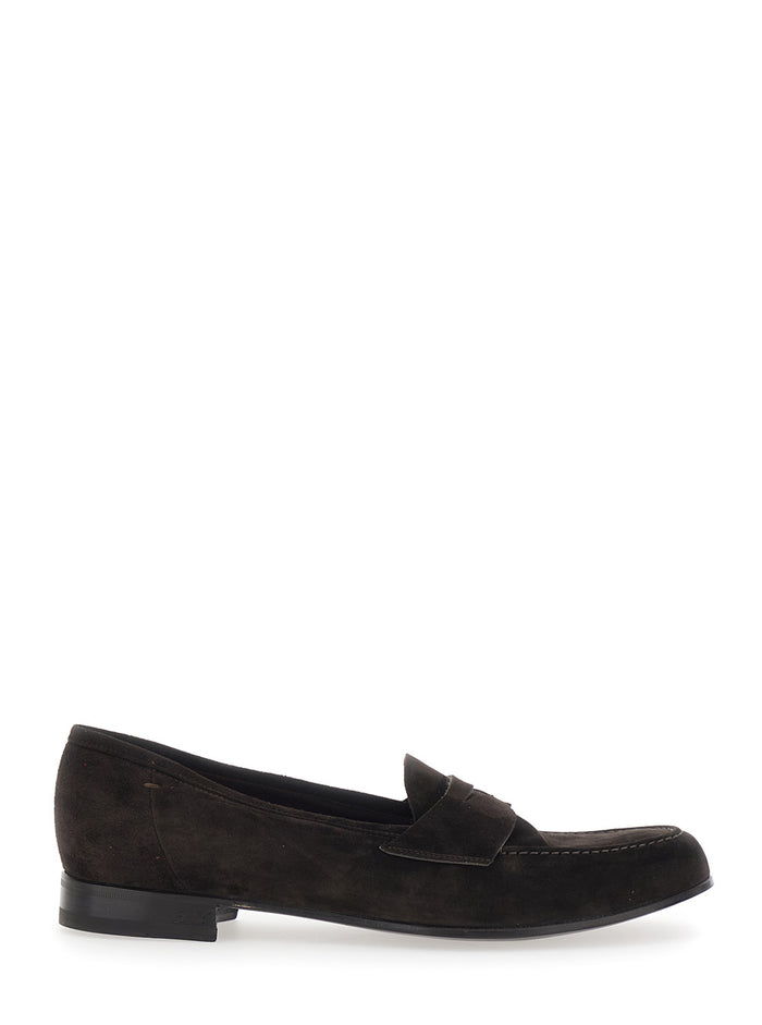 Loafers with Rounded Toe and Contrast Stitching in Brown Suede for Men Calf