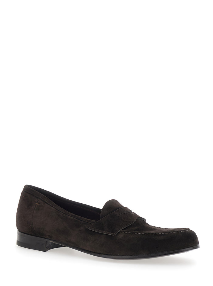 Loafers with Rounded Toe and Contrast Stitching in Brown Suede for Men Calf