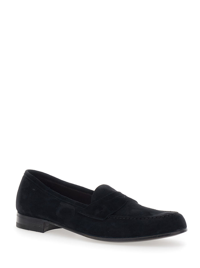 Loafers Blue with Rounded Toe and Contrast Stitching in Suede Men Blu Calf