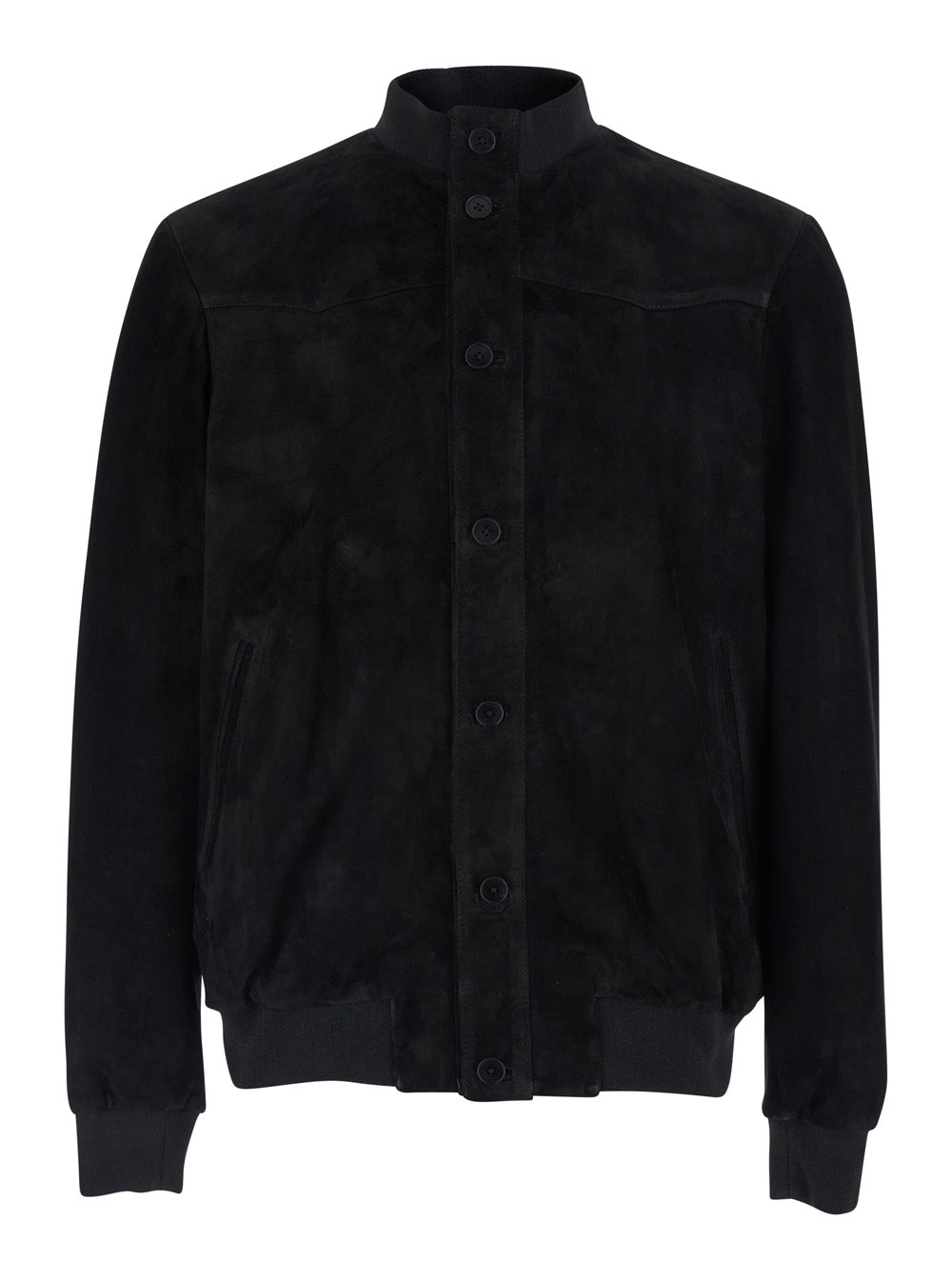 Black Jacket with High Collar and Button Closure in Suede Man Leather Outerwear