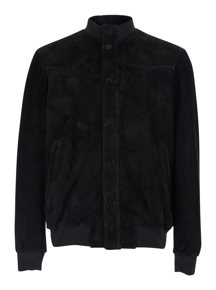 Black Jacket with High Collar and Button Closure in Suede Man Leather Outerwear