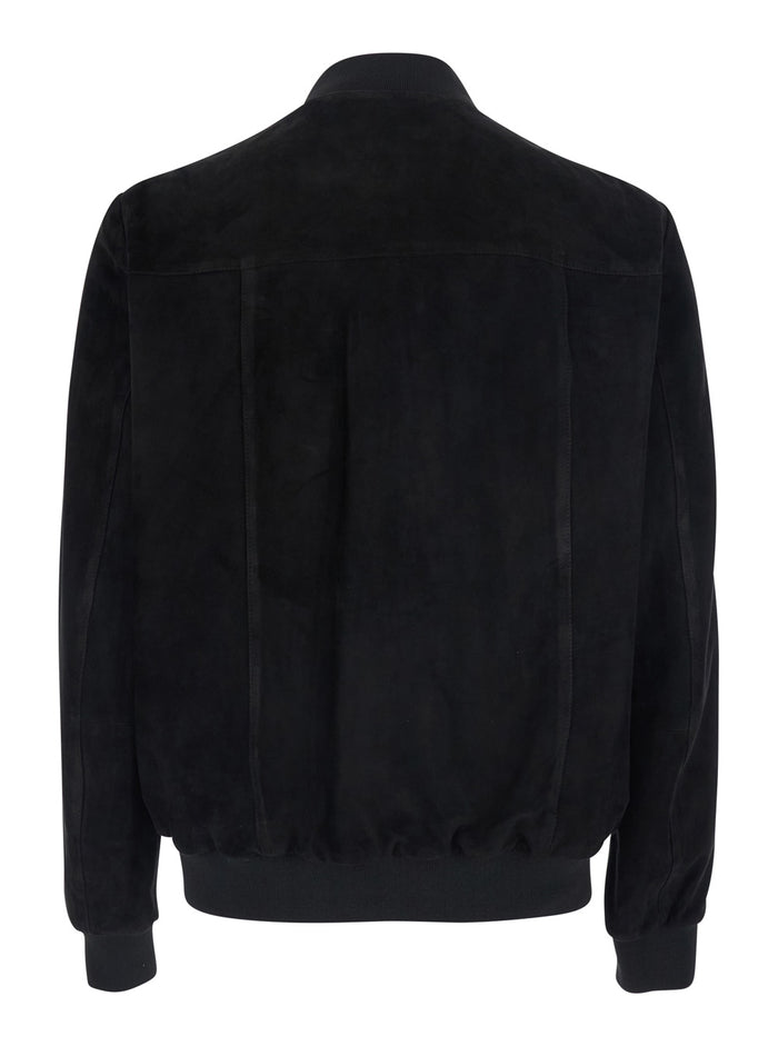 Black Jacket with High Collar and Button Closure in Suede Man Leather Outerwear