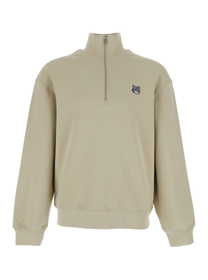 Green High Neck Sweatshirt with Logo Patch for Men Cotton Sweatshirts