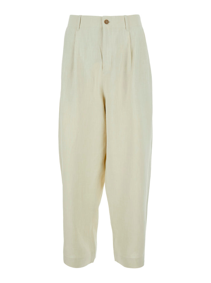 White Tailored Pleated Trousers With Front Pleats And Side Pockets Viscose Linen For Men