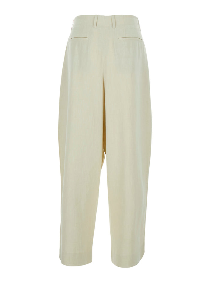 White Tailored Pleated Trousers With Front Pleats And Side Pockets Viscose Linen For Men