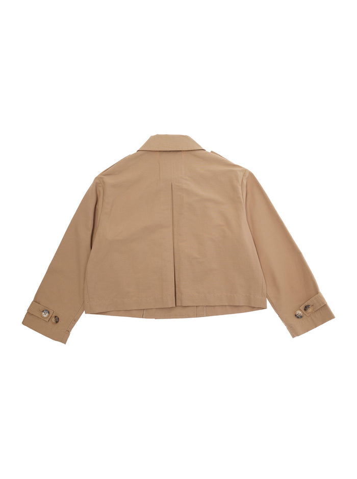 Beige Cotton Blend Jacket with Pointed Collar and Logo Lettering on Cuff for Girls Nylon Blazers