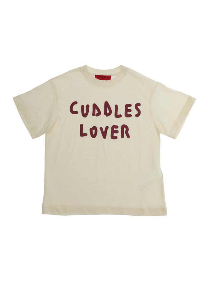 Crew Neck T-shirt with Front Print in Dirty White Cotton for Girls Beige Tshirts And Polo Shirts