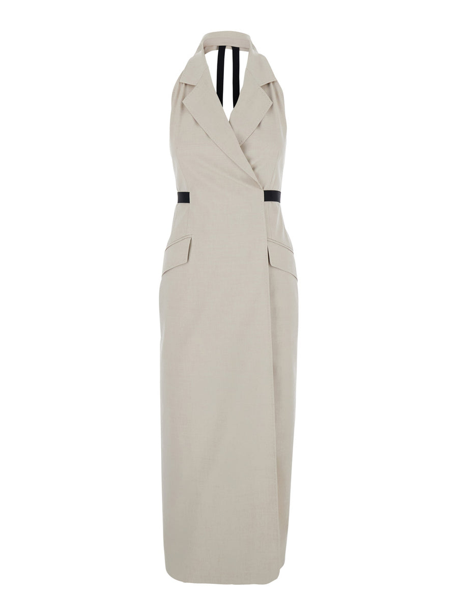 Dress With Notched Lapels And Open Back — Beige Cotton