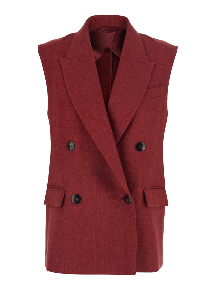 Double-Breasted Gilet Mstaia Red Linen Blazers