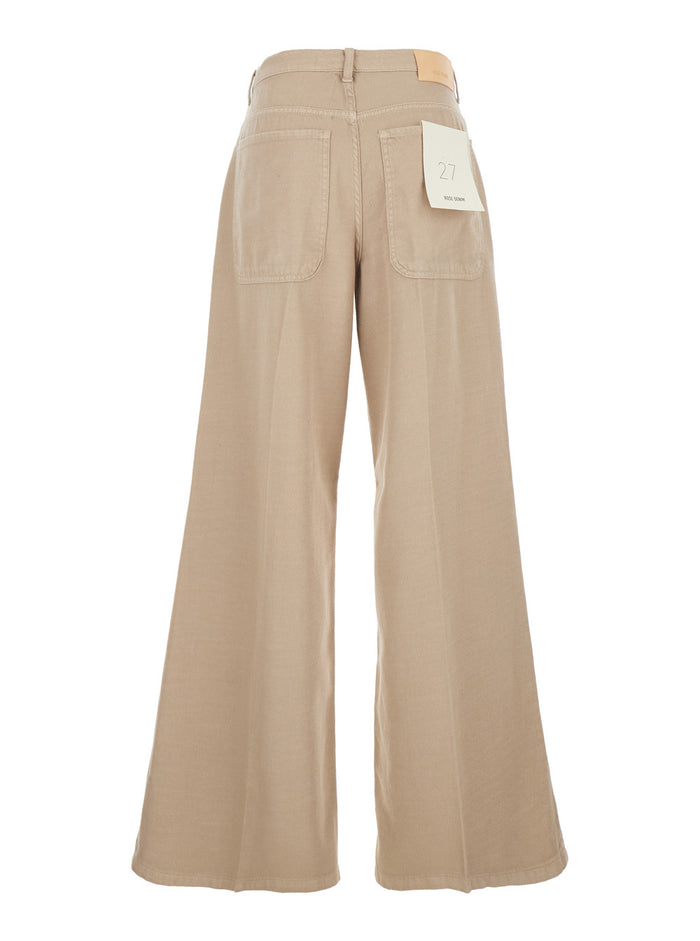 Beige Wide Fit Jeans With Bleach Effect Cotton Denim For Women