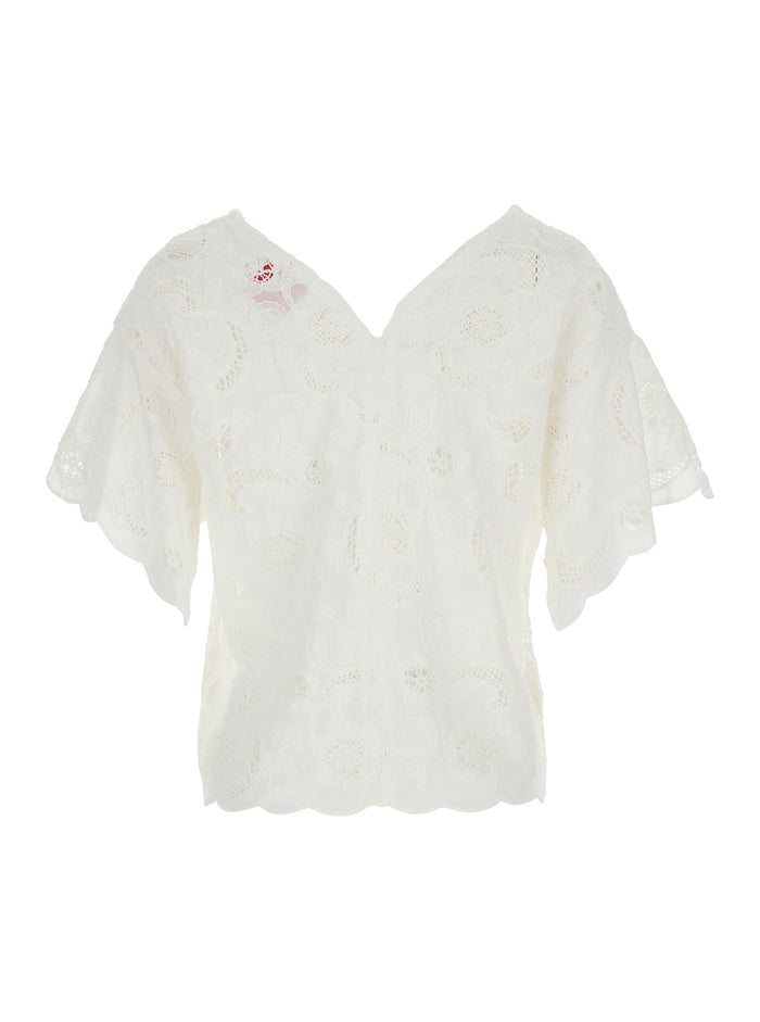 WHITE MERCI BLOUSE with V-Neck and Long Sleeves in Cotton for Women Shirts Blouses