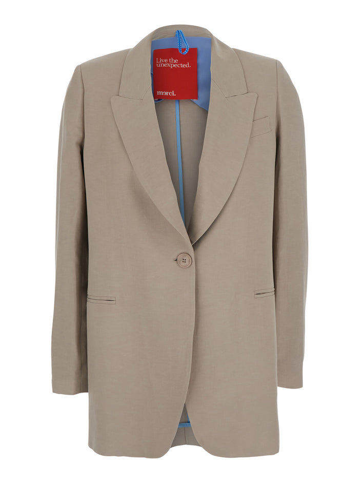 Beige Single-Breasted Jacket With Peak Revers In Fabric Women Blazers
