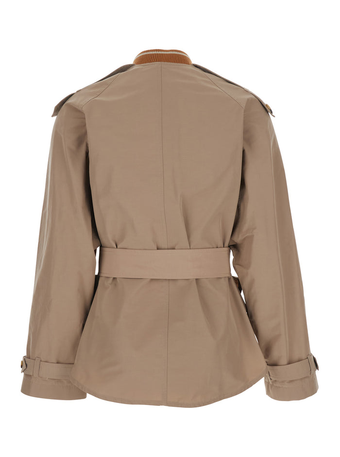Brown Double-breasted Trench Coat with Waist Belt in Fabric Woman Outerwear