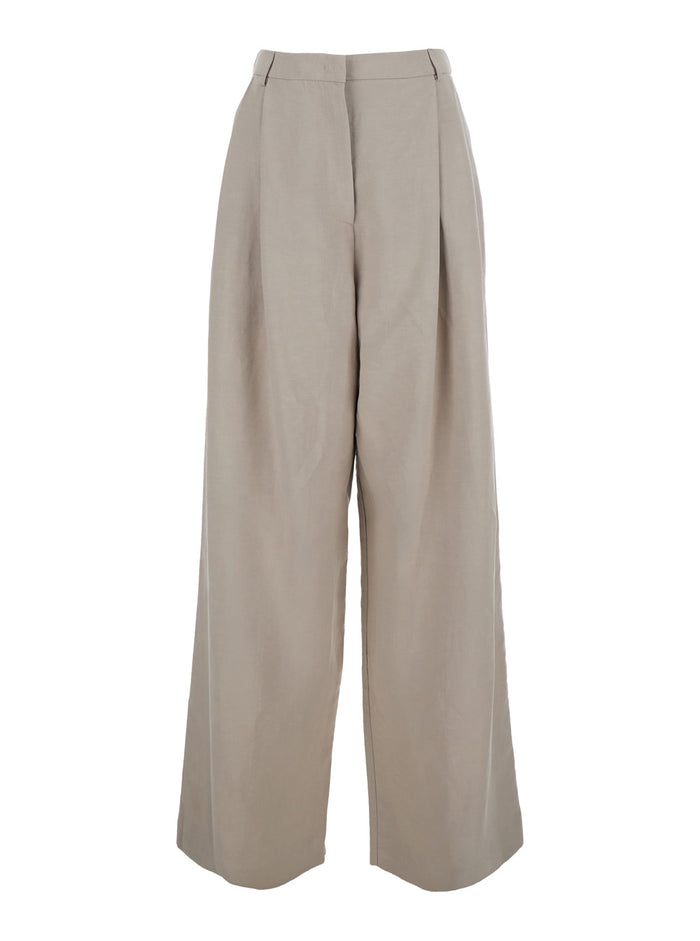Beige High-Waisted Pants With Side Pockets In Cotton For Women Trousers