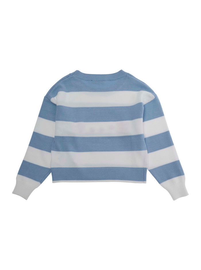 Crew Neck Sweater with Hello Kitty Embroidery on the Front and All-Over Striped Motif in Viscose Blend for Girls Light Blue Polyester Jersey