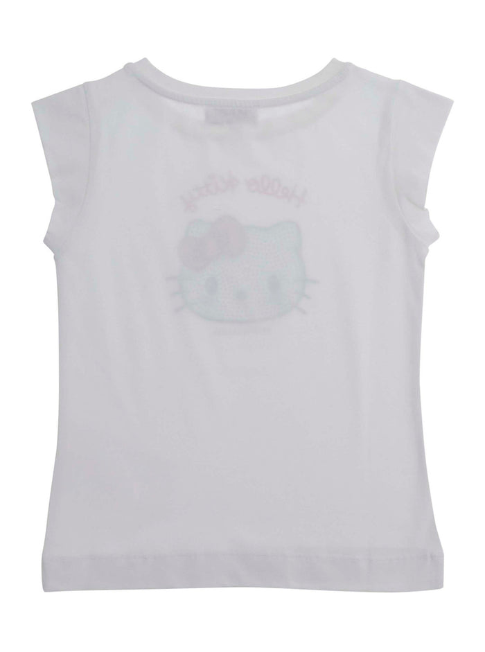T-Shirt Hello Kitty Crew Neck with Rhinestone Decoration and Front Print in White Cotton for Girls Tshirts Polo Shirts