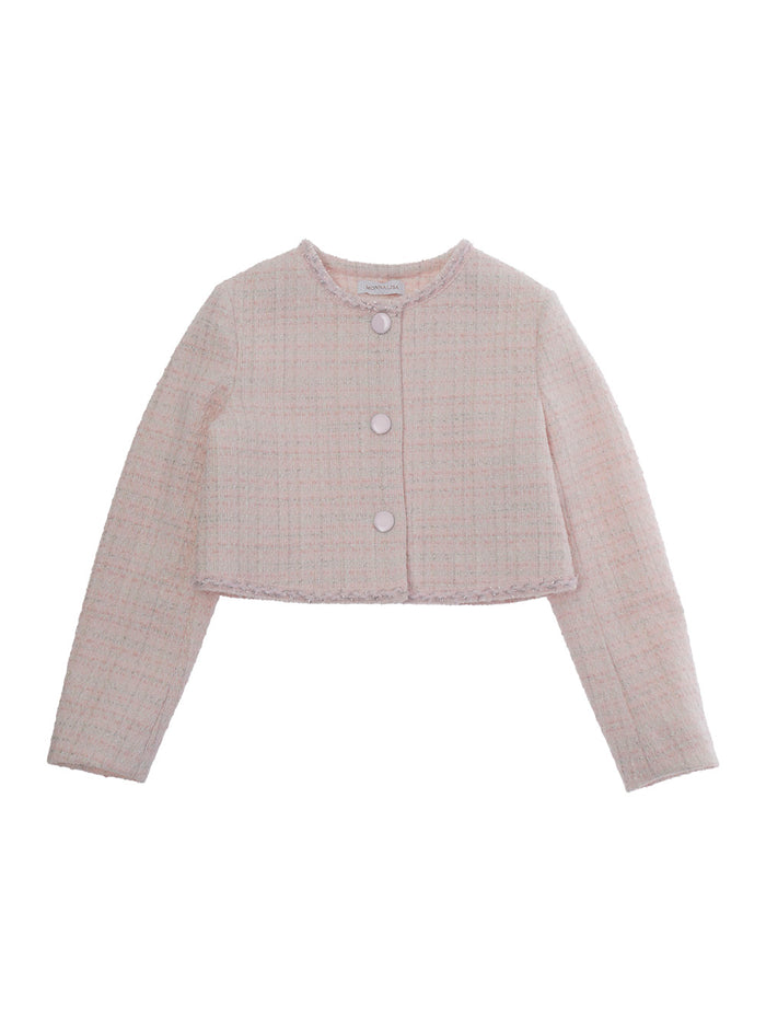 Jacket with Round Neck and Tweed Effect Design in Cotton Blend for Girls Pink Blazers