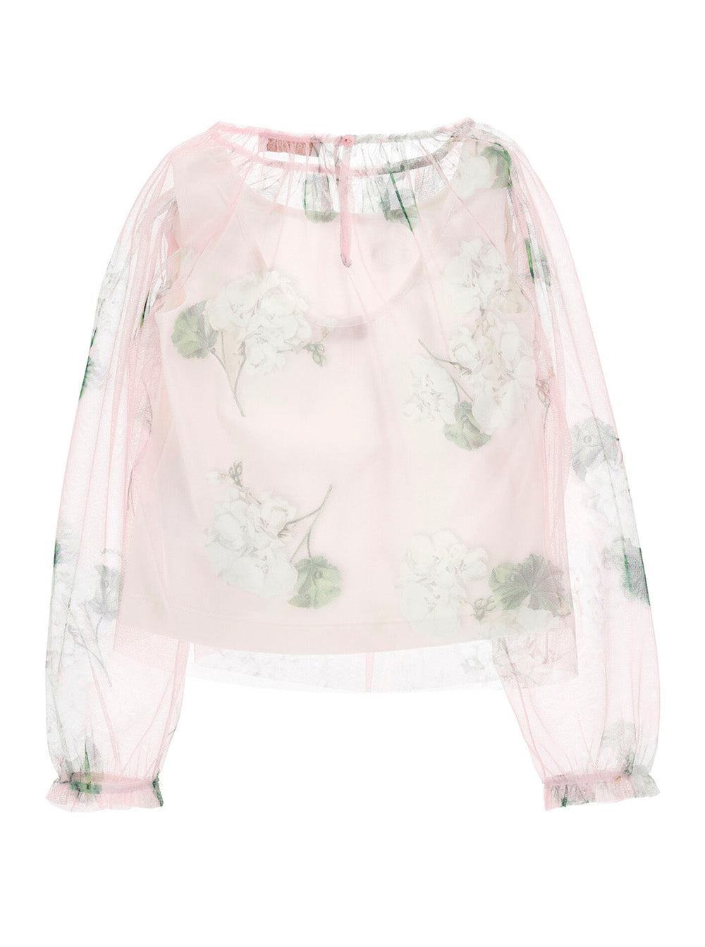 Top Floral Design with All-Over Motif in Pink Tulle for Girls Cotton Elastane Tops