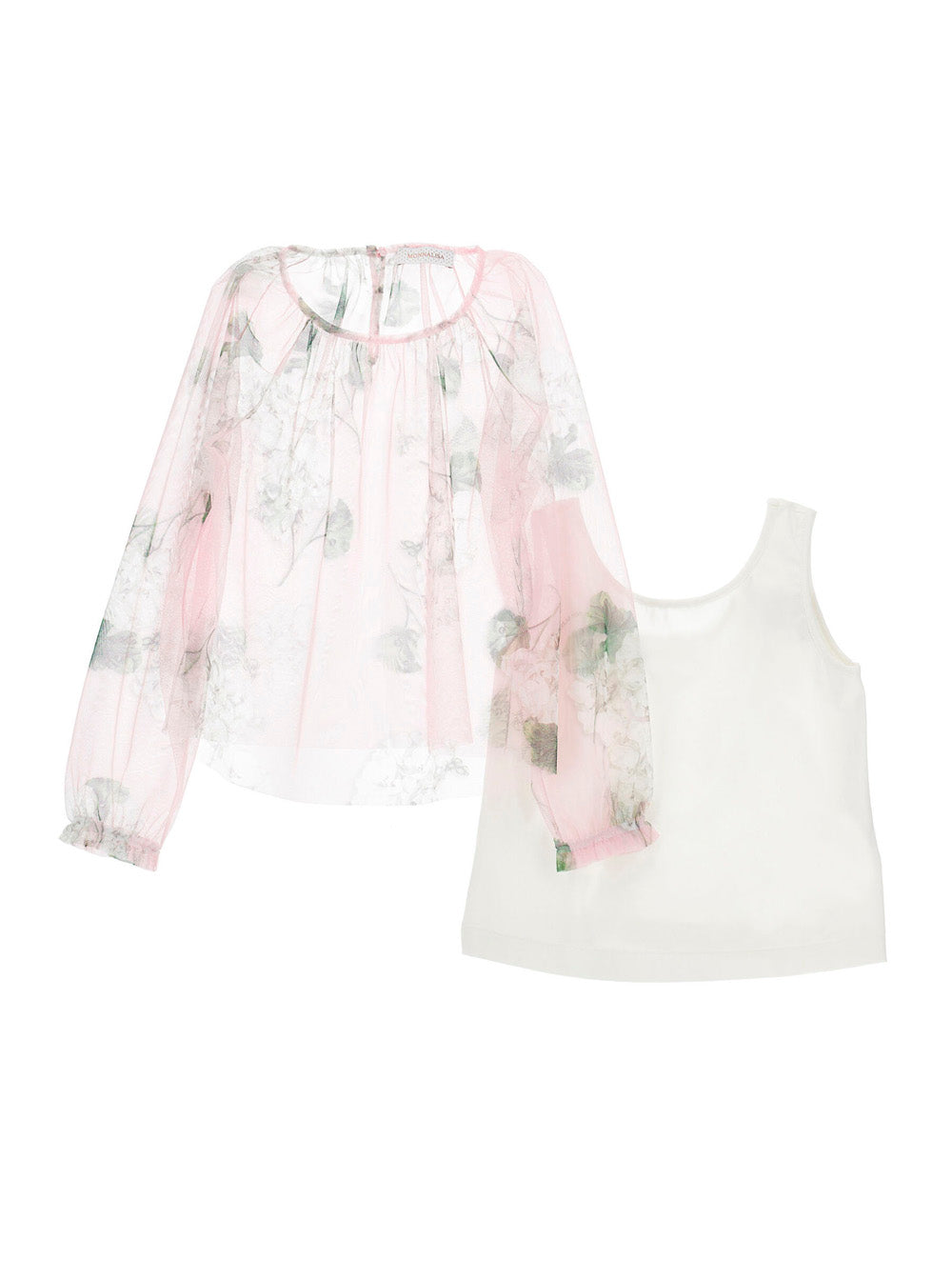 Top Floral Design with All-Over Motif in Pink Tulle for Girls Cotton Elastane Tops