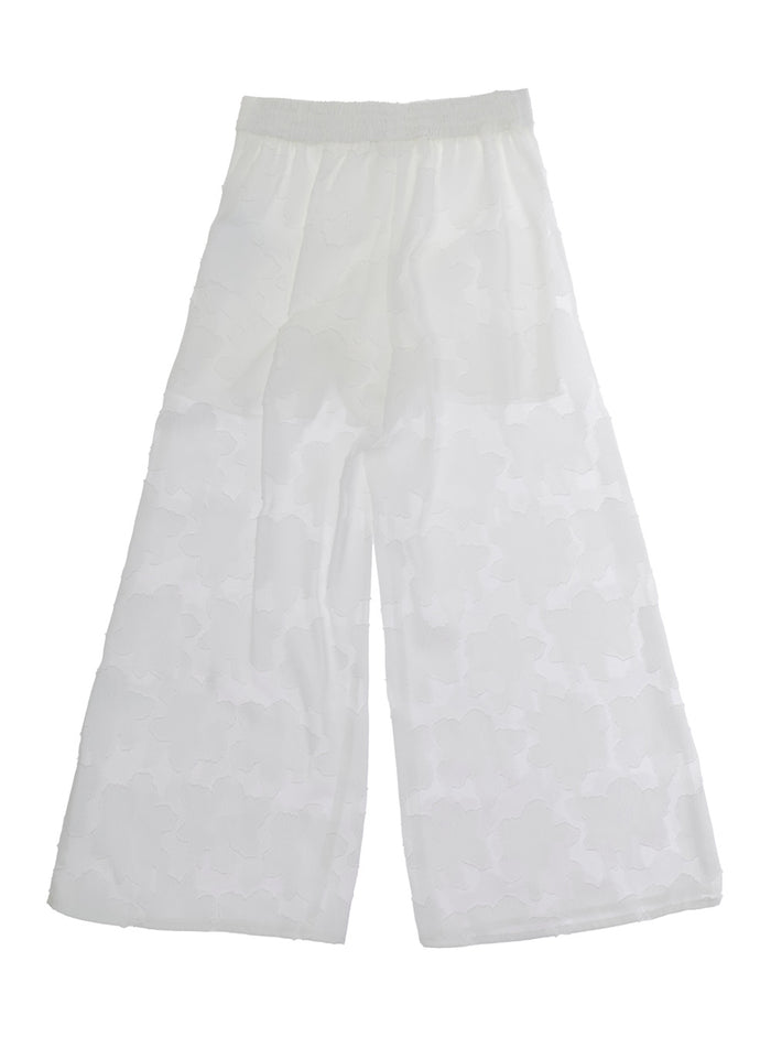 White Pants with Elastic Waist and Metallic Heart Detail in Fil Coupé for Girls Polyester Trousers
