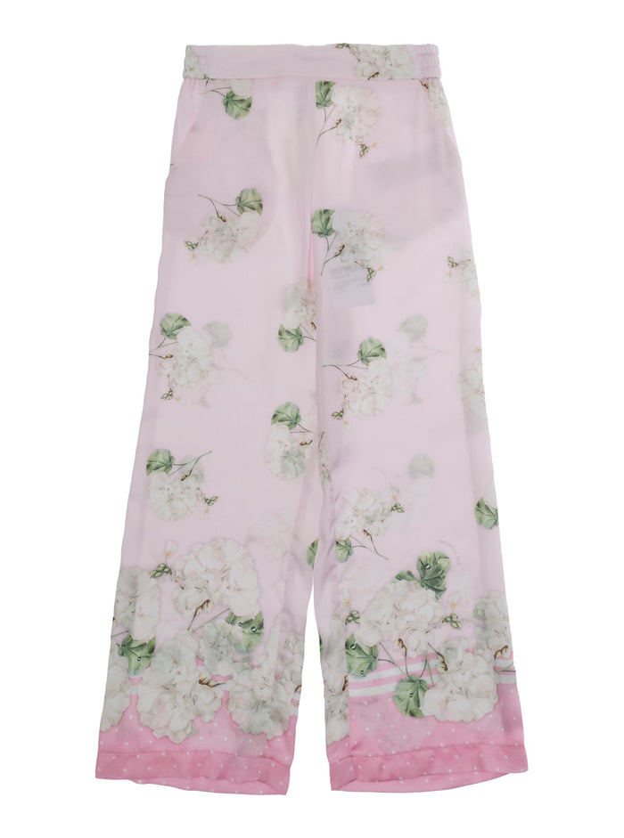 Pink Pants with Elastic Waist and All-Over Floral Motif in Viscose for Girls Trousers