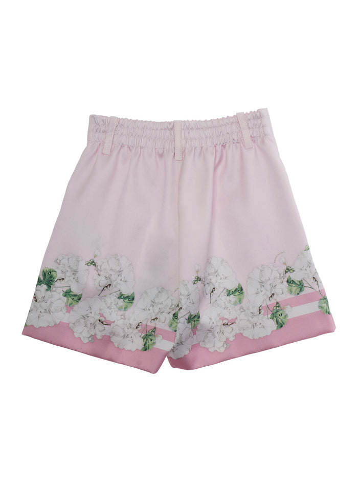 Pink Floral Print Bermuda Shorts with Belt Loops for Girls Polyester And