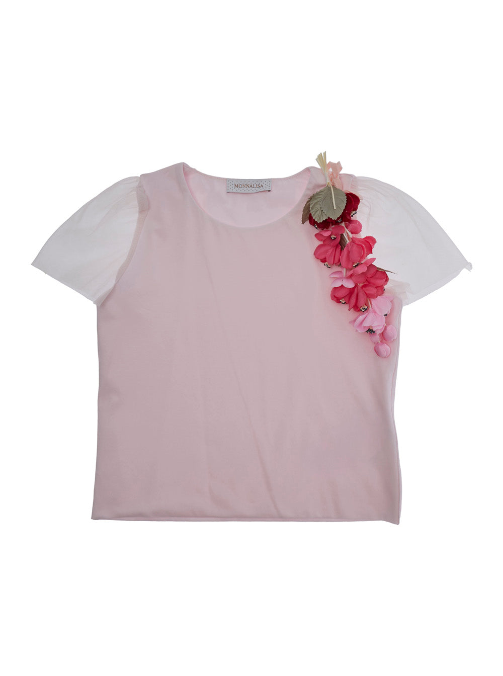 Round Neck T-Shirt with Floral Details on the Front in Pink Tulle for Girls Cotton Elastane Tshirts And Polo Shirts