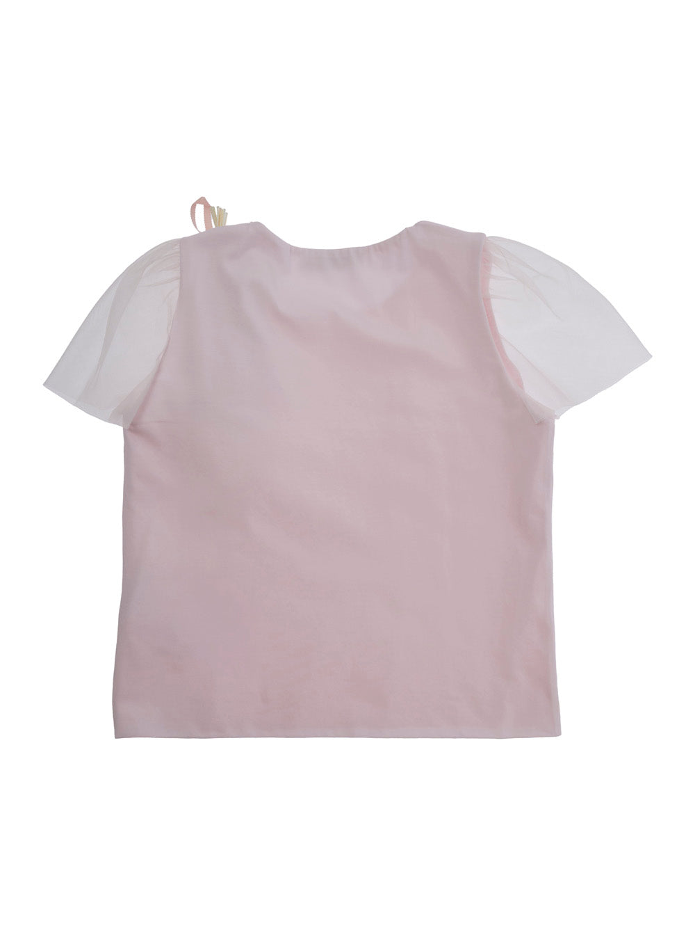 Round Neck T-Shirt with Floral Details on the Front in Pink Tulle for Girls Cotton Elastane Tshirts And Polo Shirts