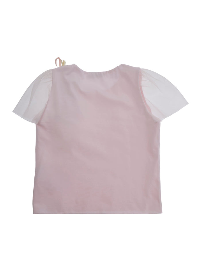 Round Neck T-Shirt with Floral Details on the Front in Pink Tulle for Girls Cotton Elastane Tshirts And Polo Shirts
