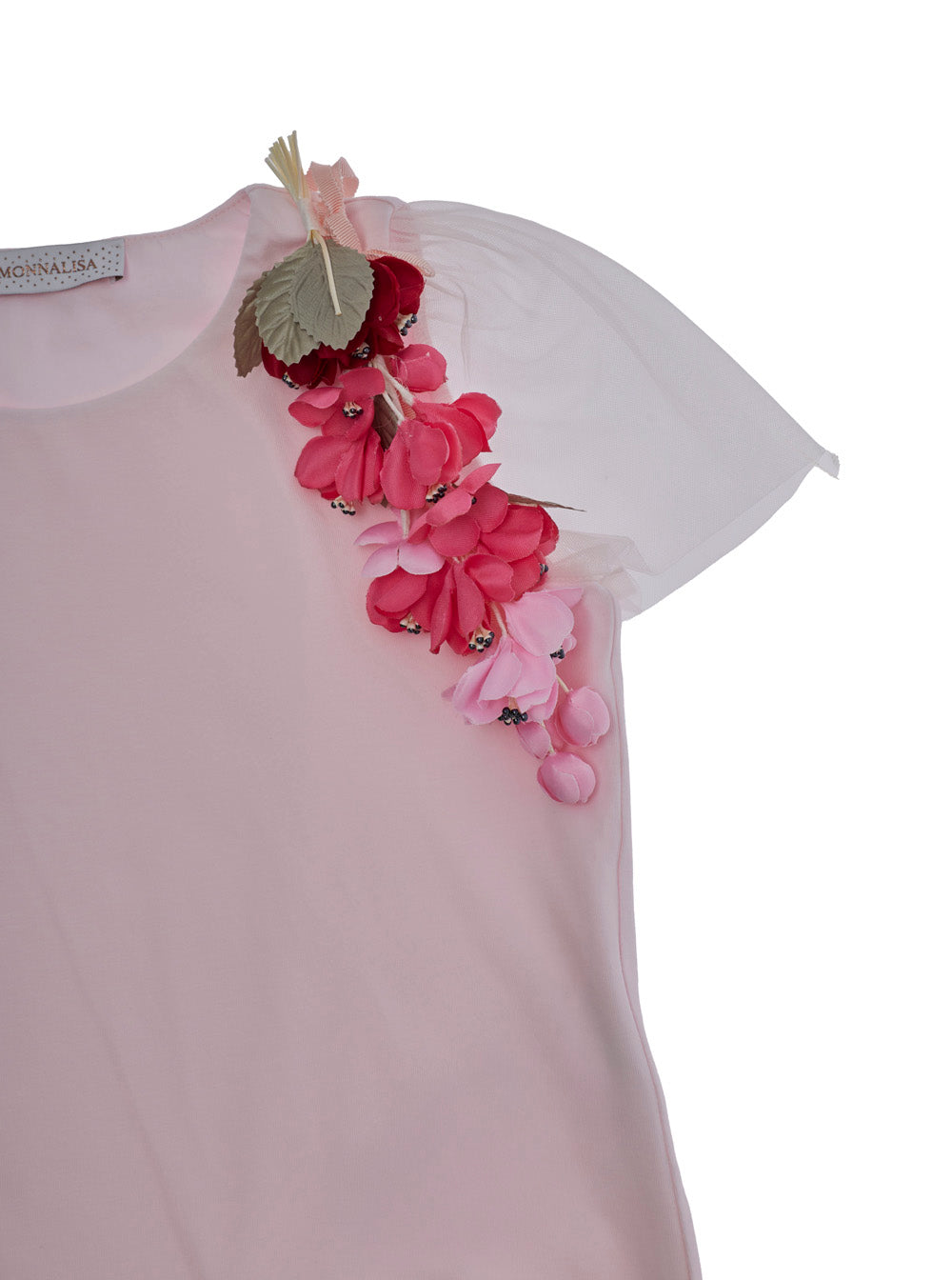 Round Neck T-Shirt with Floral Details on the Front in Pink Tulle for Girls Cotton Elastane Tshirts And Polo Shirts