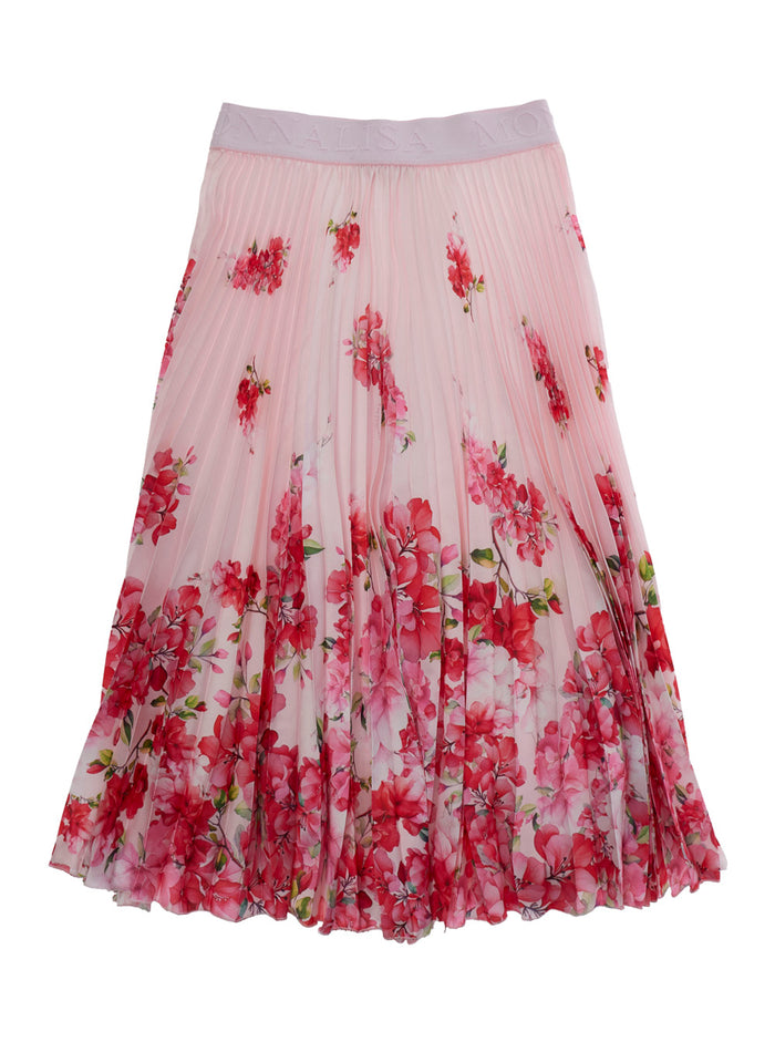 Pleated Skirt with All-Over Floral Motif in Pink for Girls White Polyester