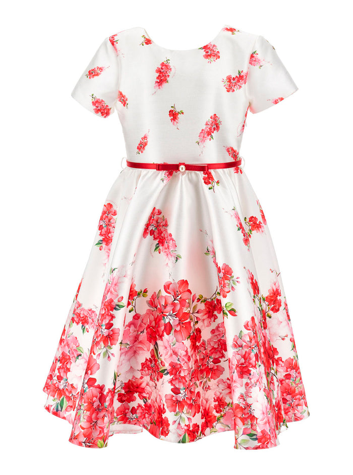 Dress with Round Neck and All-Over Floral Motif in White Fabric for Girls Polyester