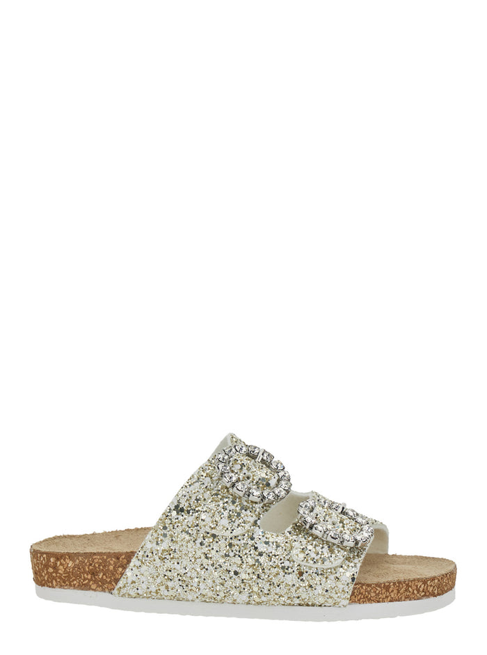 Metallic Color Glitter Decorated Fabric Sandals for Girls Polyurethane Cotton Acrylic Flat Shoes