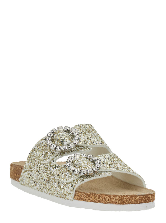 Metallic Color Glitter Decorated Fabric Sandals for Girls Polyurethane Cotton Acrylic Flat Shoes