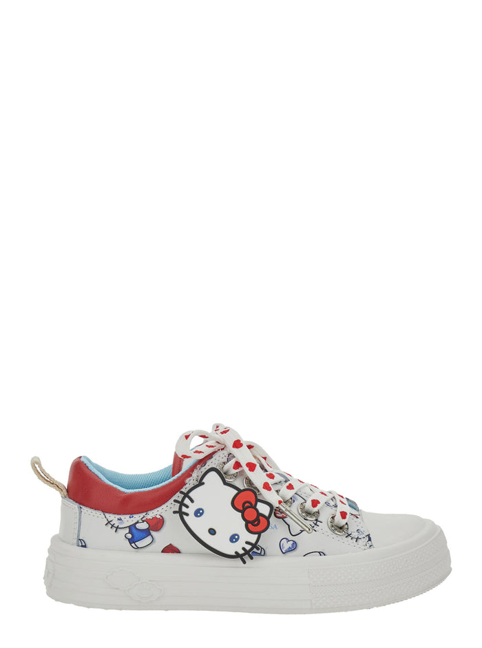 Low Top Hello Kitty Sneakers With Patch And All-Over Decoration White Leather For Girls